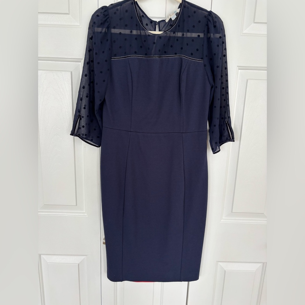 Boden Navy Dress with Sheer Polka Dot Sleeves